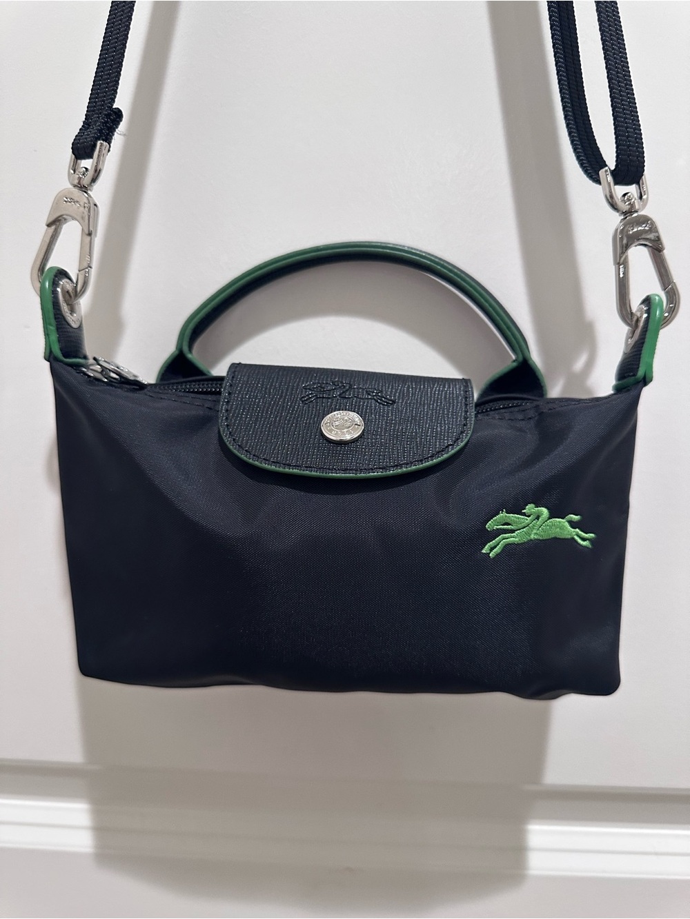 Longchamp Le Pliage Black Mini Crossbody Bag with Green Trim